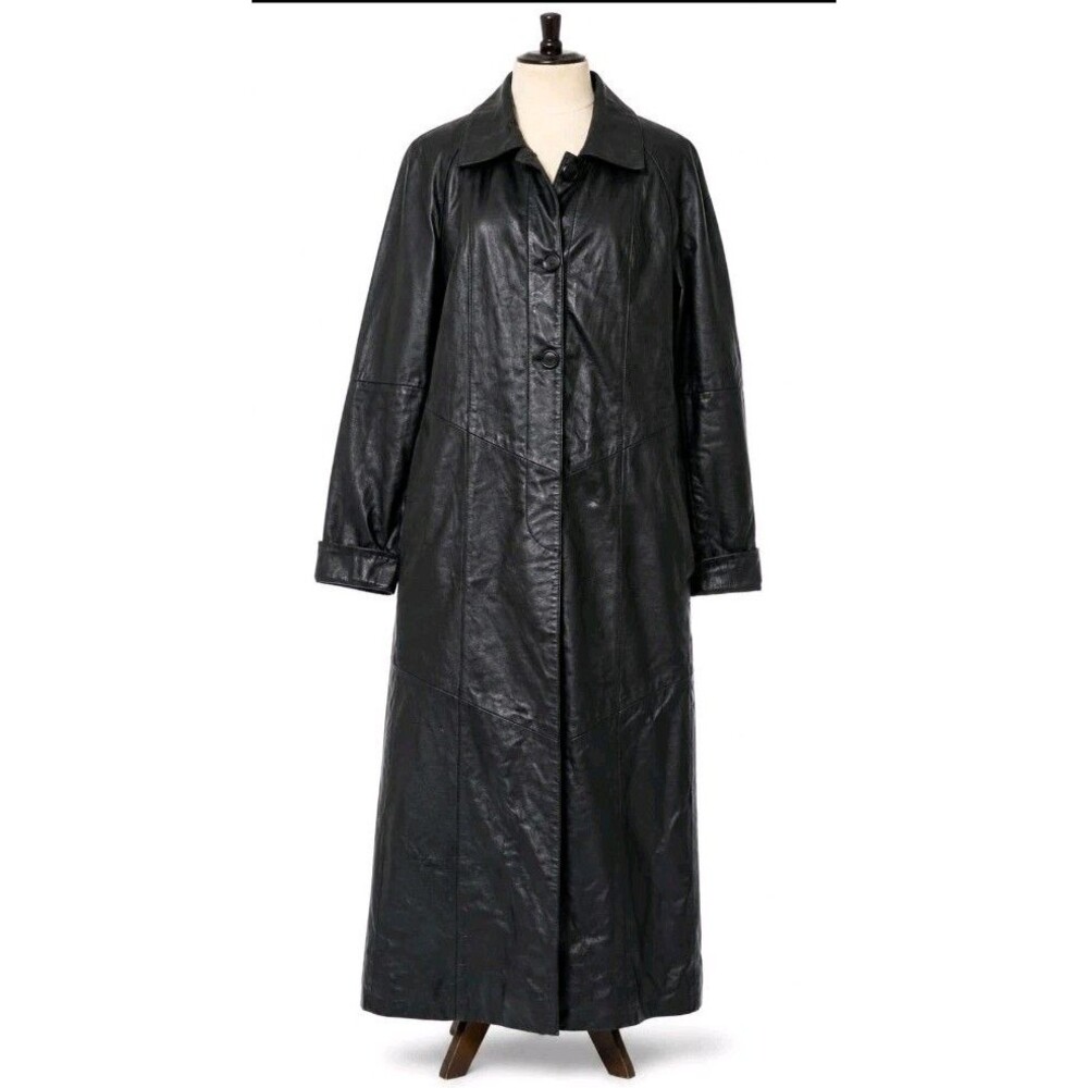 Studio C Women’s Black Genuine Leather Full Length Maxi Trench Coat Size M/20
